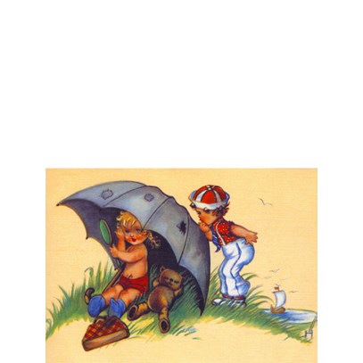 Barn på stranden med paraply 19070